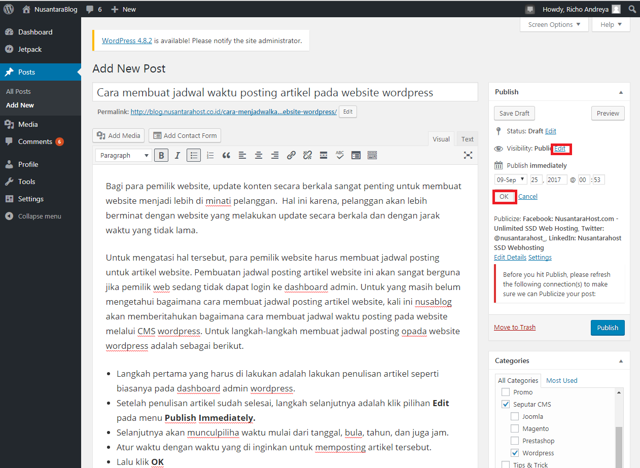 Cara membuat jadwal waktu posting artikel website wordpress